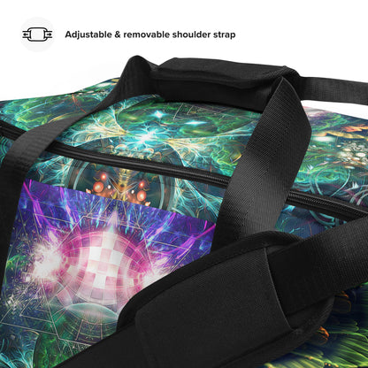 Close-up detail of the "Blossom / Nectar" print on the white duffle bag fabric.