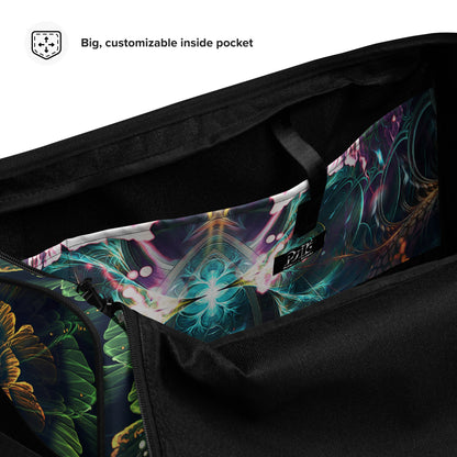 Close-up detail of the "Blossom / Nectar" print on the white duffle bag fabric.