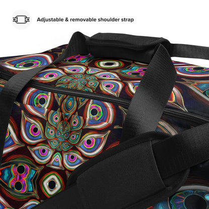 Close-up detail of the "The Waiting Room" print on the white duffle bag fabric.