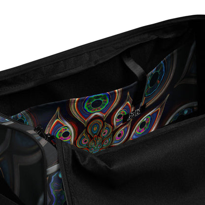 Close-up detail of the "The Waiting Room" print on the white duffle bag fabric.