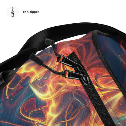 Close-up detail of the "Aquatic Rays" print on the white duffle bag fabric.