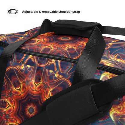 Close-up detail of the "Aquatic Rays" print on the white duffle bag fabric.