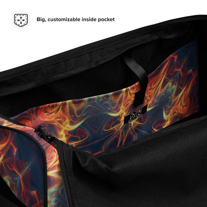 Close-up detail of the "Aquatic Rays" print on the white duffle bag fabric.