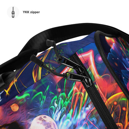 Close-up of the zippered pocket on the Hunter's Moon duffle bag.