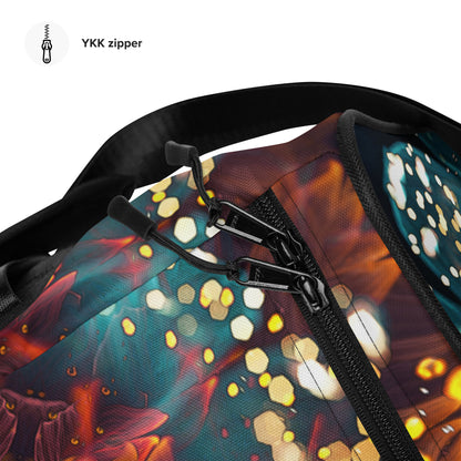 Close-up of the print detail on the Reaching For Light duffle bag fabric.