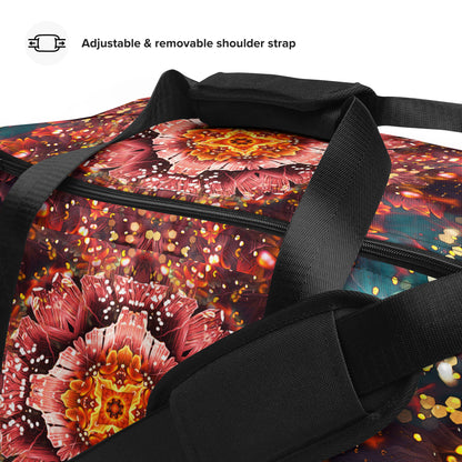 Close-up of the strap hardware on the Reaching For Light duffle bag.