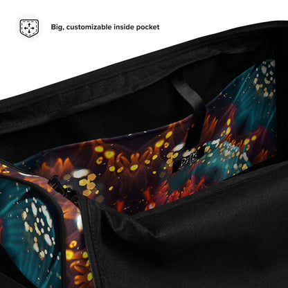 Close-up of the zippered pocket on the Reaching For Light duffle bag.