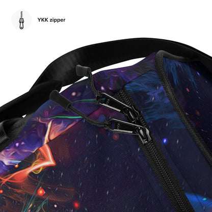 Close-up of the print detail on the Peekaboo duffle bag fabric.