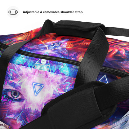 Close-up of the mesh side pocket on the Lapis Philosophorum duffle bag.