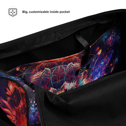 Close-up of the print detail on the Lapis Philosophorum duffle bag fabric.