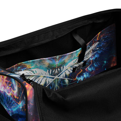 Close-up of the print detail on the Soul Seeker duffle bag fabric.