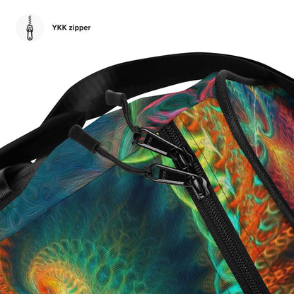 Close-up of the padded shoulder strap on the 'Free Your Mind Fibonacci' duffle bag.