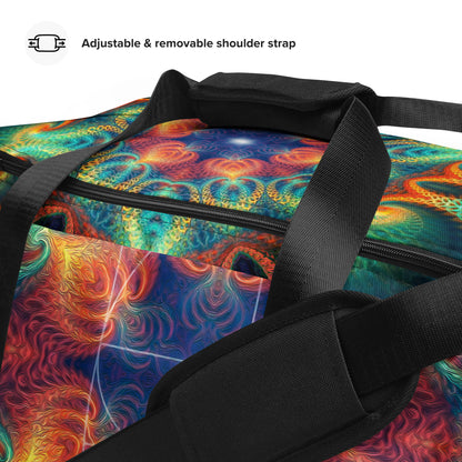 Close-up of the dual padded handles on the 'Free Your Mind Fibonacci' duffle bag.