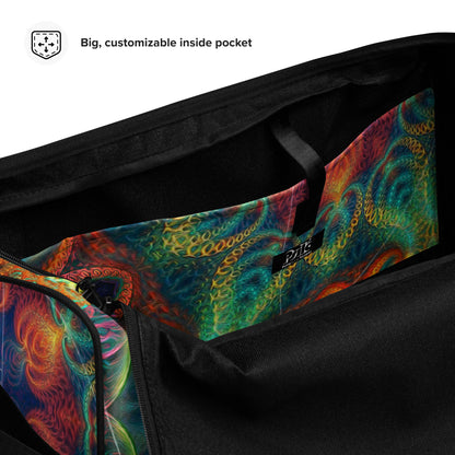 Close-up of the hook and loop handle fastener on the 'Free Your Mind Fibonacci' duffle bag.