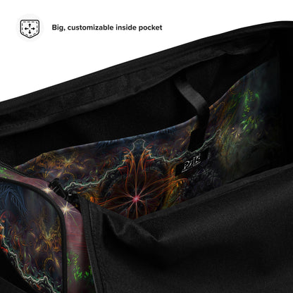 Close-up of the zippered pocket detail on the 'Heightened Stroll' duffle bag.