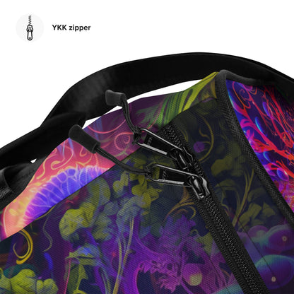Close-up of the adjustable strap hardware on the 'Sacred Vine' duffle bag.