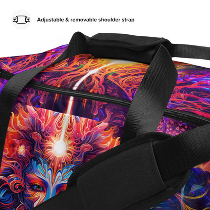 Close-up of the padded handles and stitching on the 'Sacred Vine' duffle bag.