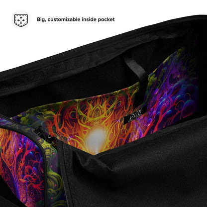 Close-up of the padded shoulder strap on the 'Sacred Vine' duffle bag.