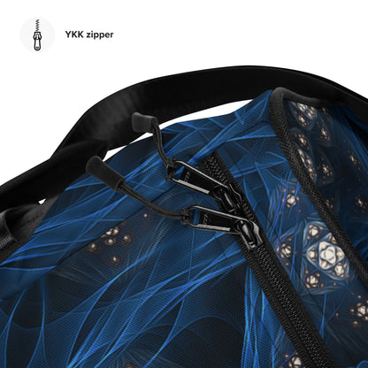 Close-up of the mesh side pocket on the 'Inner Sanctum' duffle bag.