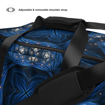 Close-up of the padded shoulder strap on the 'Inner Sanctum' duffle bag.