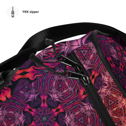 Close-up of the adjustable strap hardware on the 'Forged In Neon' duffle bag.