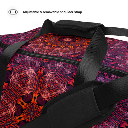 Close-up of the mesh side pocket on the 'Forged In Neon' duffle bag.