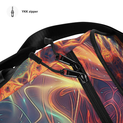 Close-up of the T-piping stitching detail on the 'Aquatic Rays' duffle bag.