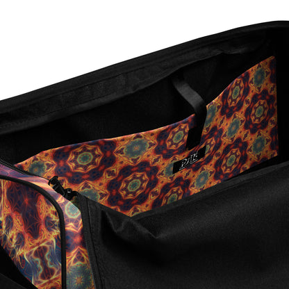 Close-up of a construction detail on the 'Aquatic Rays' duffle bag's exterior.