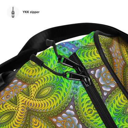 Close-up of the T-piping stitching detail on the 'Activation Initiated' duffle bag.