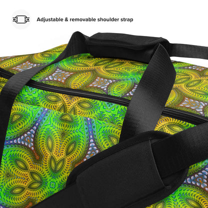 Close-up of the hook-and-loop handle fastener on the 'Activation Initiated' duffle bag.