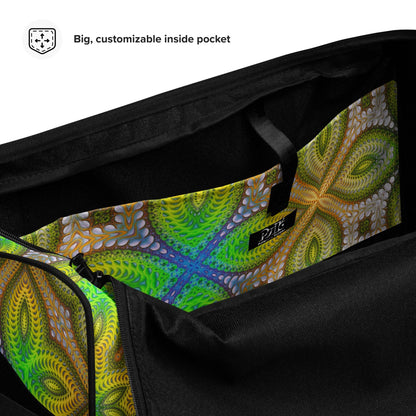 Close-up of the mesh side pocket on the 'Activation Initiated' duffle bag.