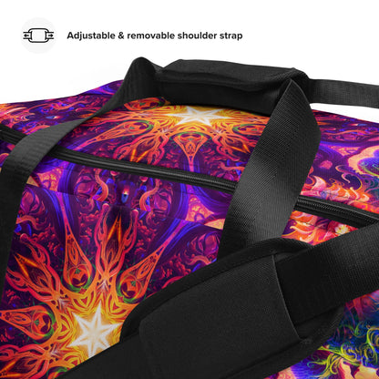 Close-up of the zipper pull and hardware on the Sacred Circle duffle bag.
