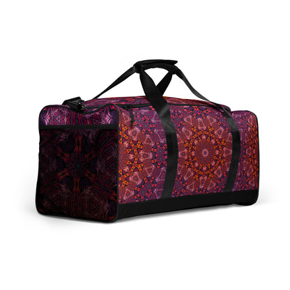 Right-angle front view of the 'Forged In Neon' duffle bag showing the all-over-print artwork.
