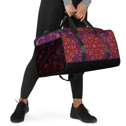 Another right-front view of the 'Forged In Neon' duffle bag showing its psychedelic design.