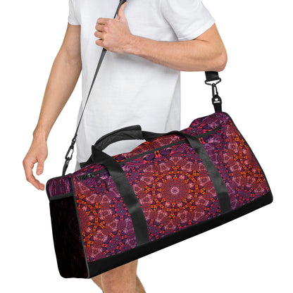 Right side front view of the 'Forged In Neon' duffle bag highlighting the print pattern.