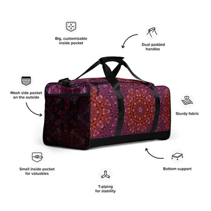 Front view of the 'Forged In Neon' duffle bag from the right, showing its psychedelic print.