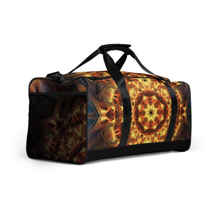 Three-quarter view of the white Totem Sun duffle bag with the mandala sun print visible across the side panel.