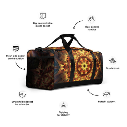 Angled front view of the Totem Sun duffle bag highlighting the radiating mandala sun design on white fabric.