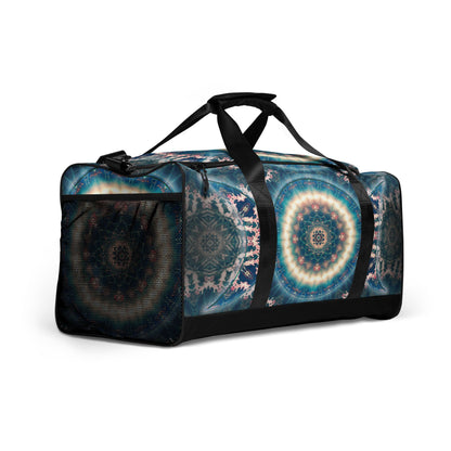 Straight-on right-front view of the Triple Goddess duffle bag showing the full lunar goddess artwork.