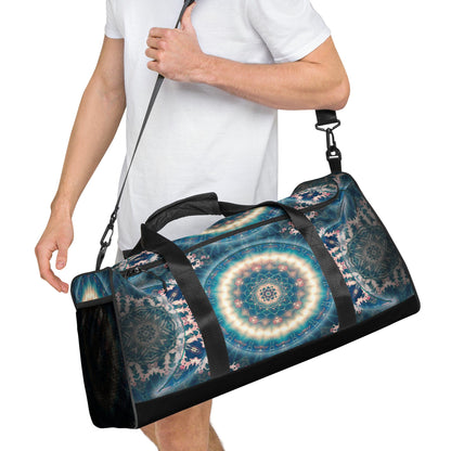 Right-front angle of the Triple Goddess duffle bag highlighting the crone figure in the print.