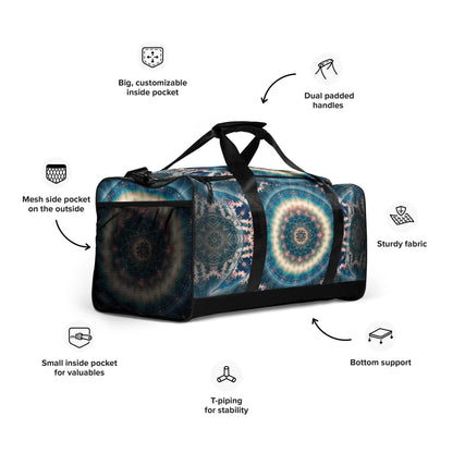 Angled right-front view of the Triple Goddess duffle bag displaying the maiden-mother-crone artwork across the side panel.
