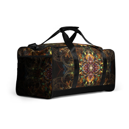 Angled view of the Sigil of Valor duffle bag showing the padded shoulder strap and printed panel.