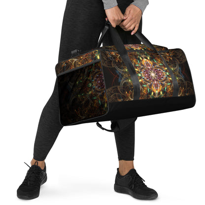 Straight on angled view of the Sigil of Valor duffle bag highlighting the dual padded handles.