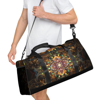 Angled front view of the Sigil of Valor duffle bag showing the full occult sigil design on white fabric.