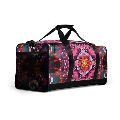 Angled right-front view of the Endless Mallow duffle bag showing the print wrapping around the body.