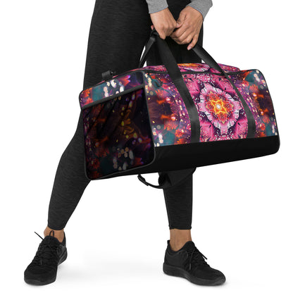 Angled view of the Endless Mallow duffle bag resting upright, print visible across the front and side.