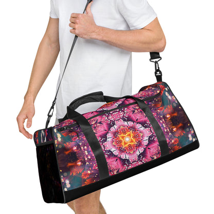 Right-front angle of the Endless Mallow duffle bag with the shoulder strap draped over the top.