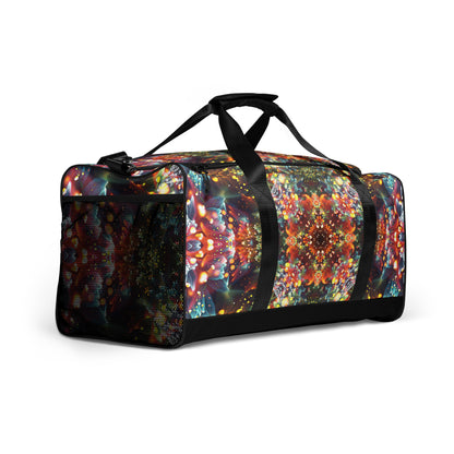 Another angled right-front view of the Kaleidobloom duffle bag standing upright on its base.