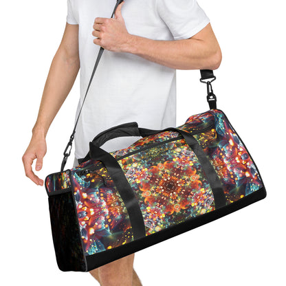 Right-front view of the Kaleidobloom duffle bag showing the mesh side pocket.