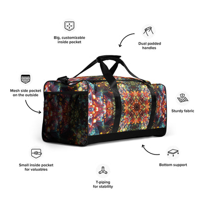 Angled front-right view of the Kaleidobloom duffle bag, showing the zipper pocket and padded top handles.